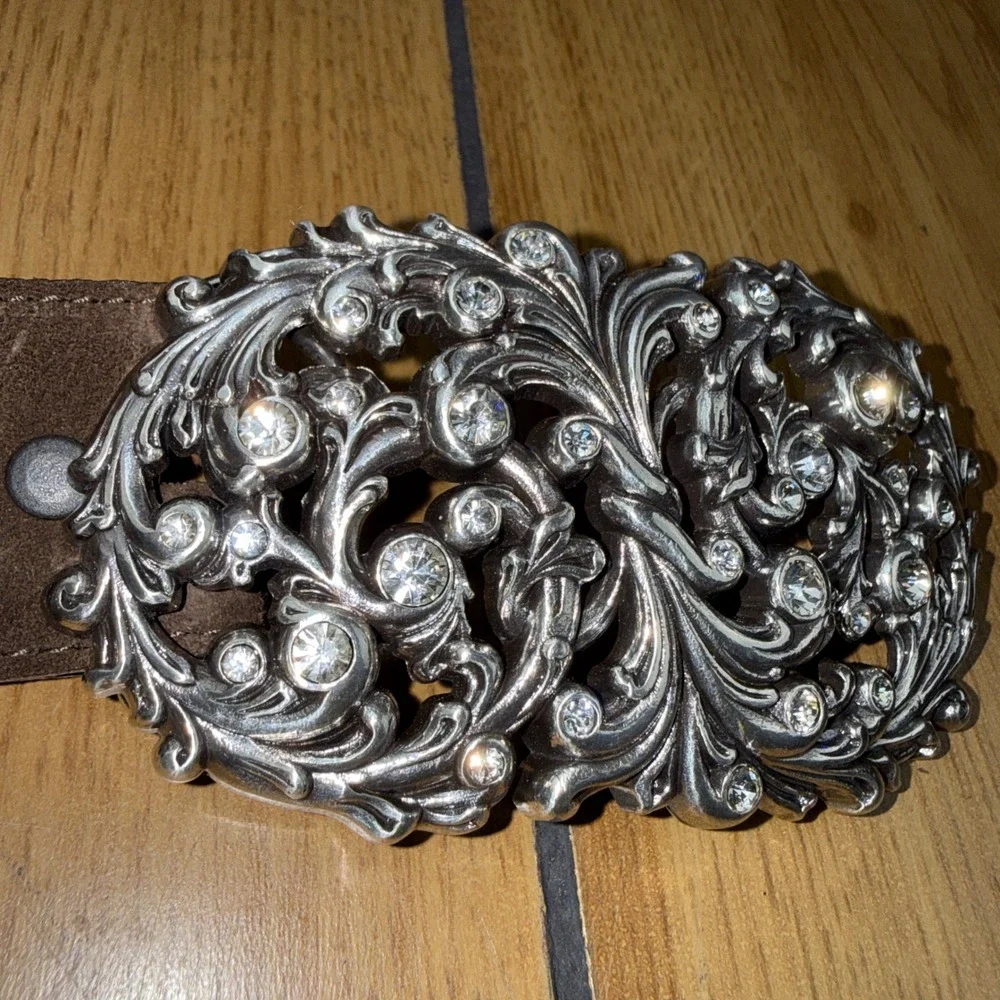 Justin Womens Brown Leather Western Belt Rhinestone Filigree Buckle USA 30